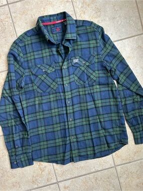 Perry Ellis America Men’s Flannel SMALL Blue Green Cotton Plaid